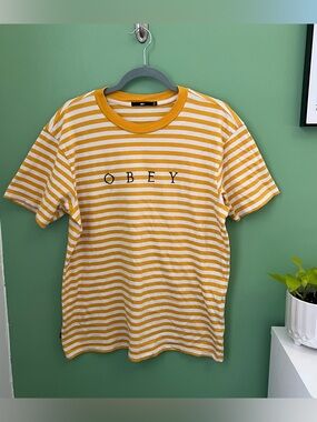 Obey Embroidered Cotton Yellow and White Stripe Tee Small